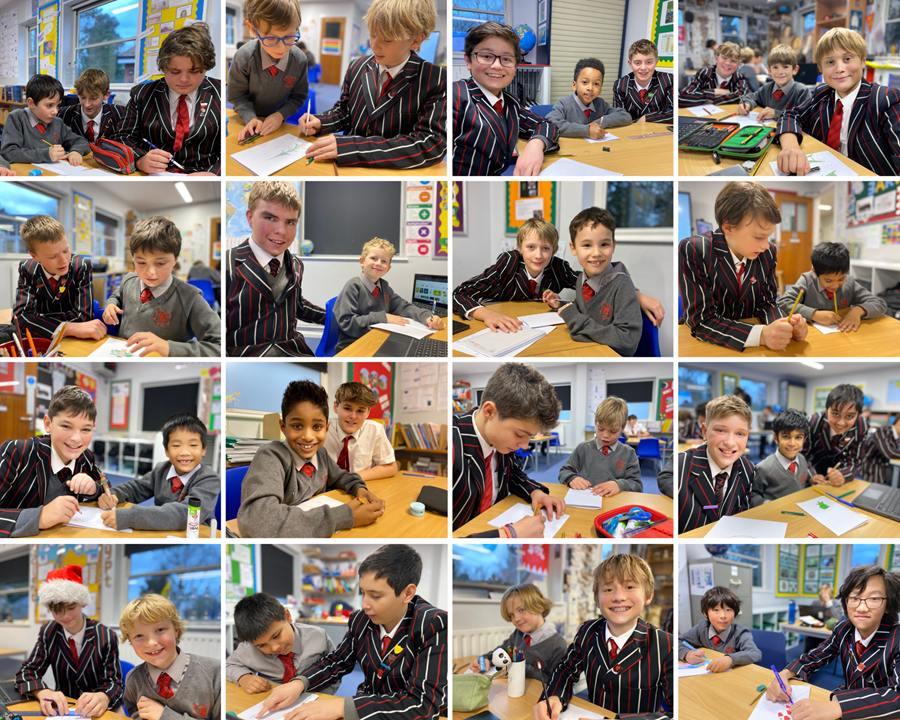 Year 8 boys with their buddies making Christmas Cards