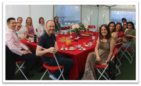 Group of people sitting at a table, having breakfast