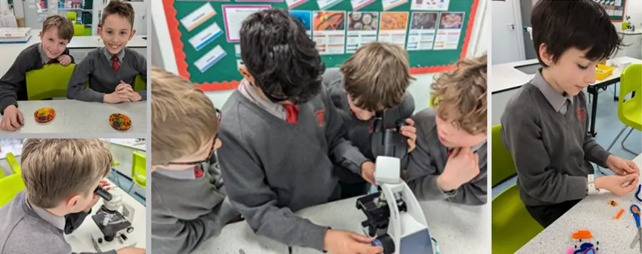 Year 6 students with microscope